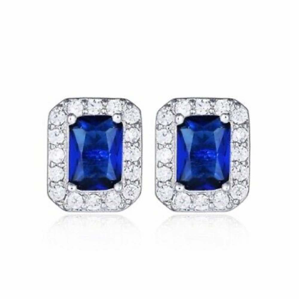 Emerald cut Earrings sapphire 18 K white gold stud - Picture 2 of 3
